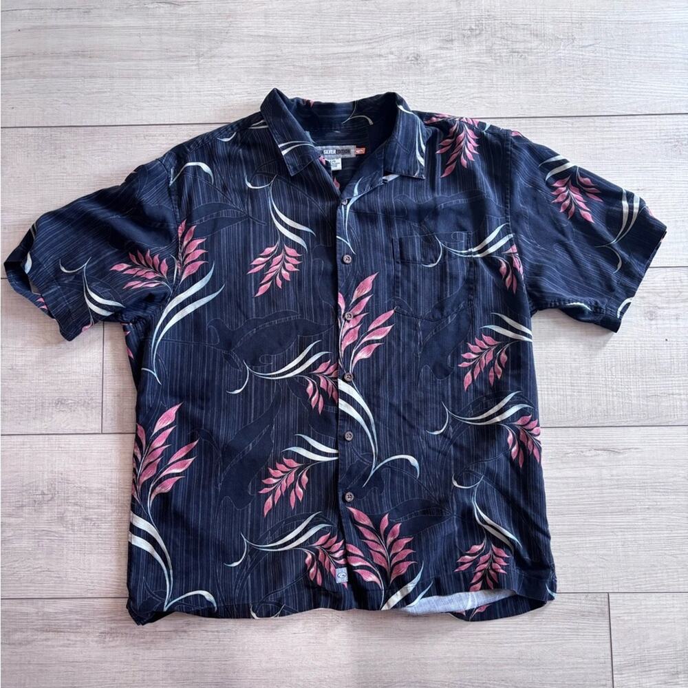 Quicksilver Hawaiian 100% Silk Navy Floral Short Sleeve Button Up Shirt | Size L